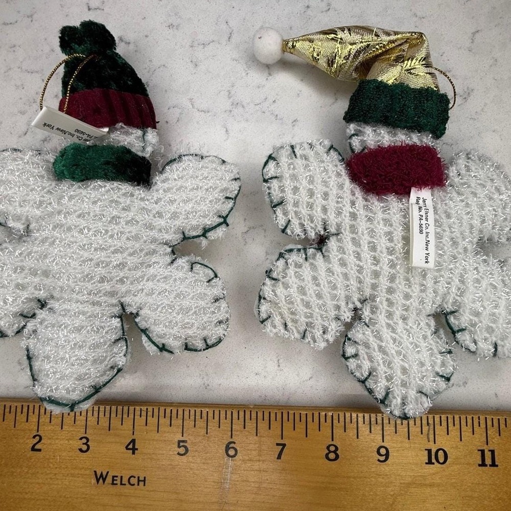 Set Of 2 Snowman Christmas Ornaments Plush White Scarf Hat Glitter Snowflake - Picture 5 of 6